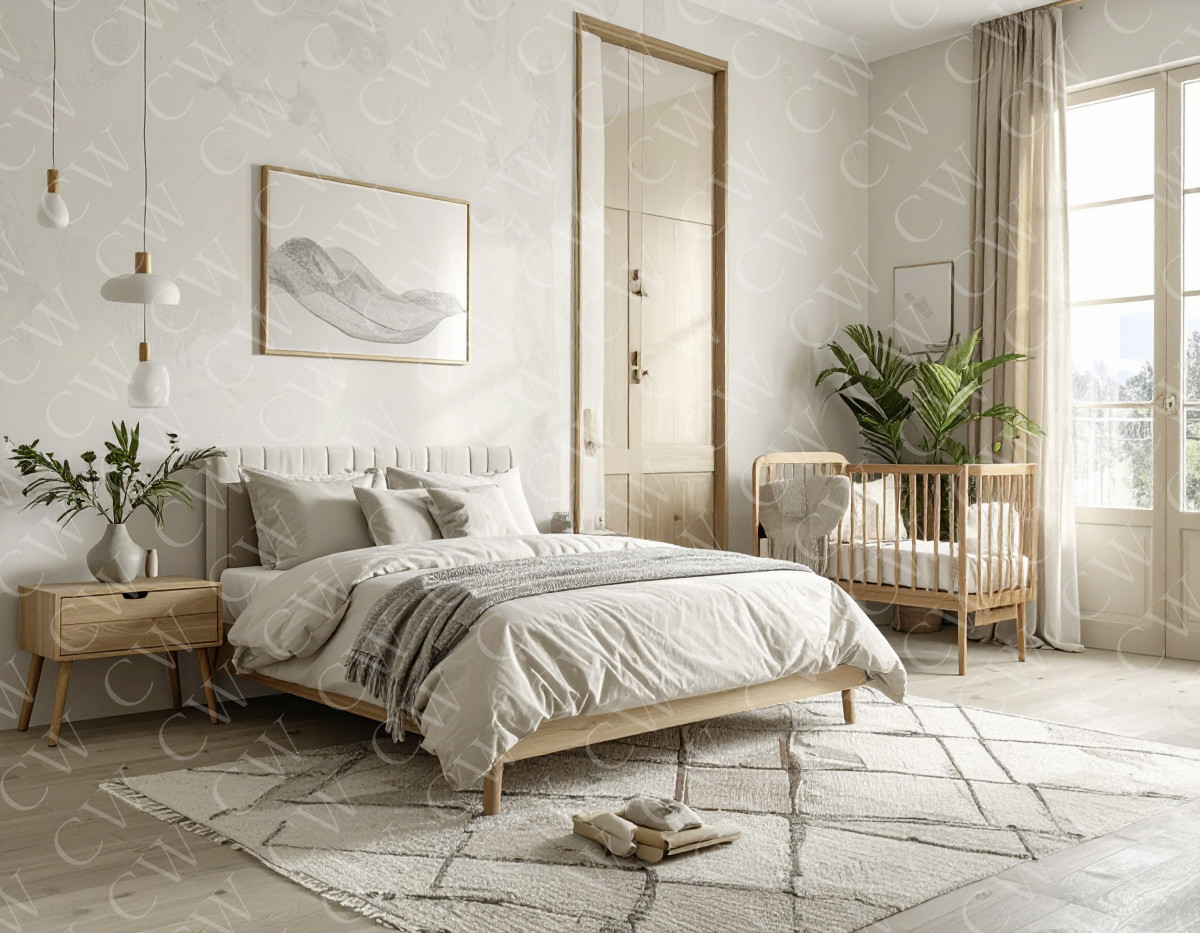 Helles Schlafzimmer mit Doppelbett, Babybett, Holzdetails und großen Fenstern.