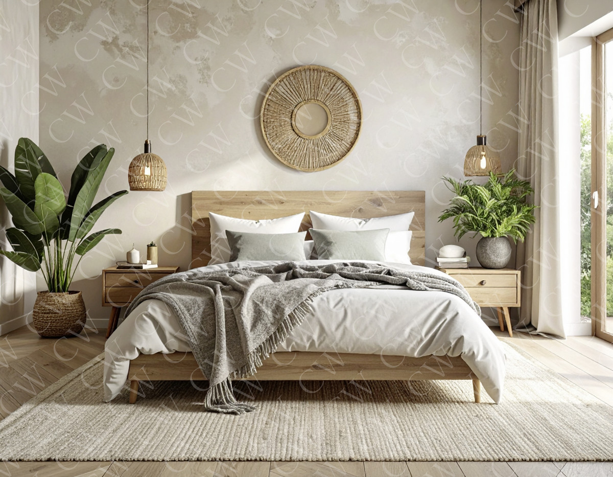 Helles Schlafzimmer mit Holzbett, Pflanzen, Teppich und natürlicher Dekoration.