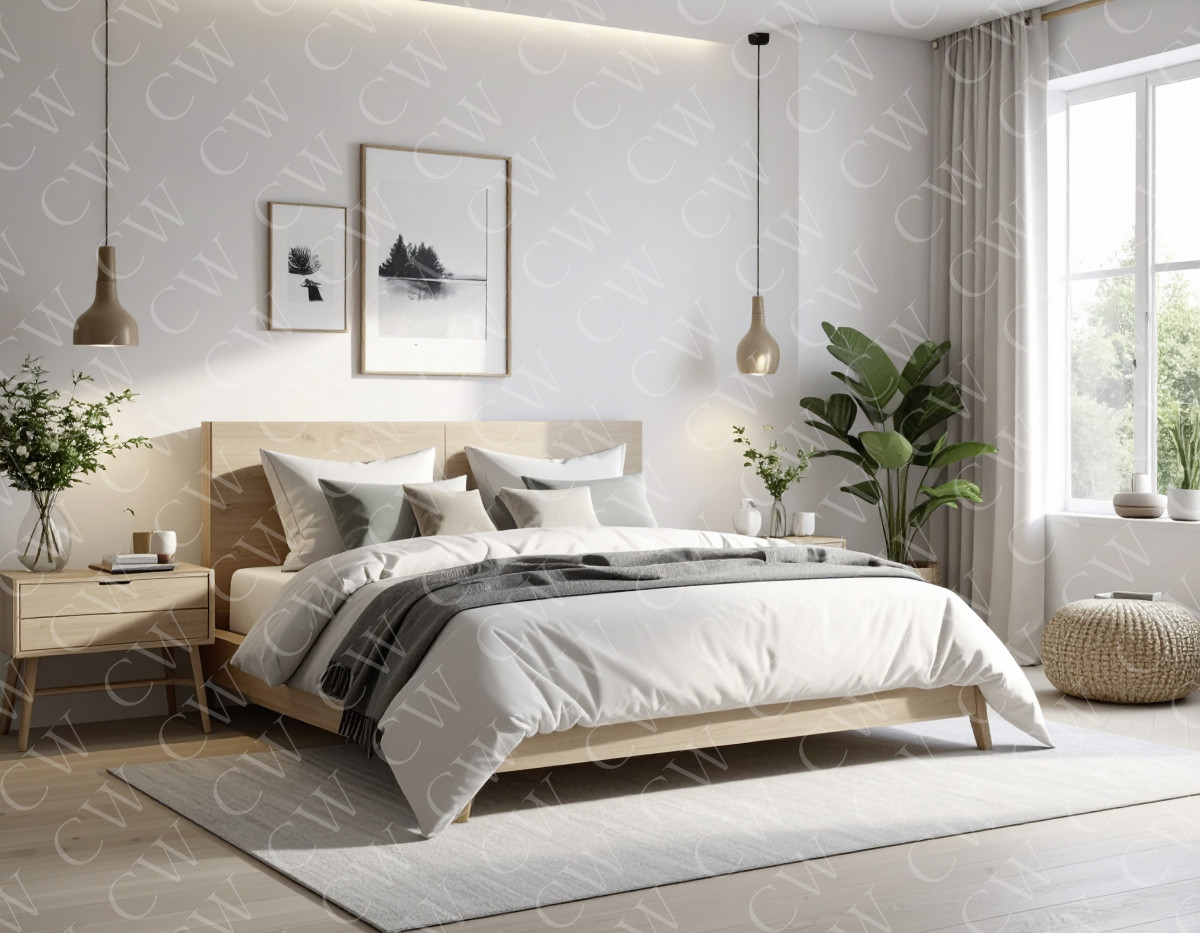 Helles Schlafzimmer mit Holzbett, Pflanzen, Nachttisch und großen Fenstern