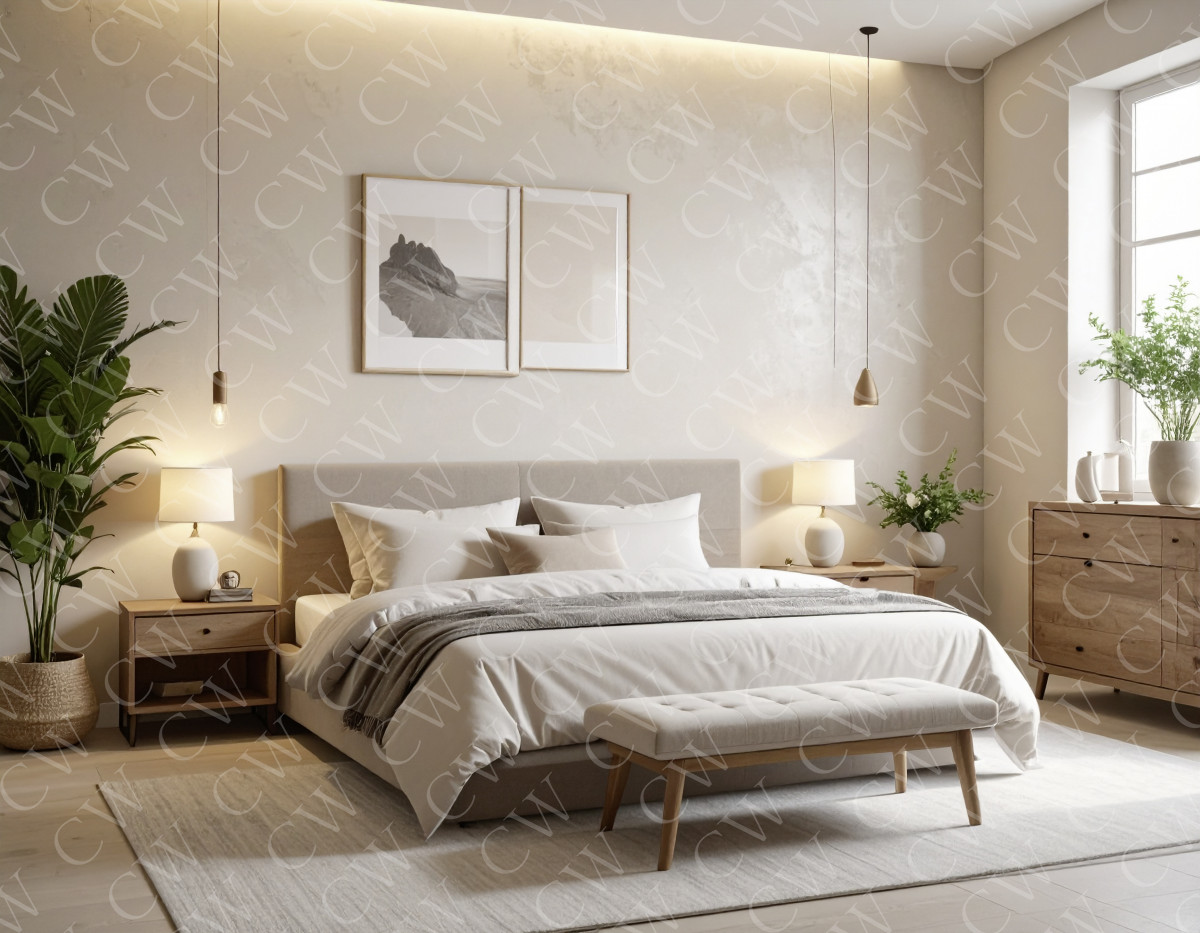 Helles, modern eingerichtetes Schlafzimmer mit Bett, Holzkommoden und Pflanzen.