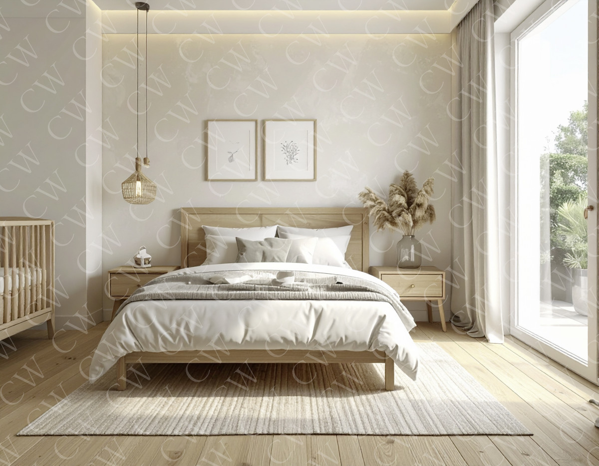 Helles Schlafzimmer mit Holzbett, Nachttischen, Kinderbett und großen Fenstern.