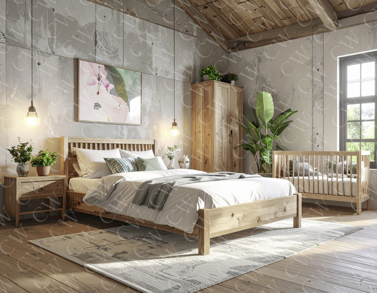 Schlafzimmer mit Holzbett, Nachttisch, Babybett und Pflanzen im natürlichen Stil