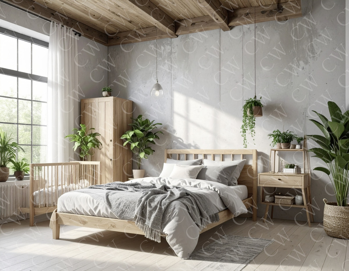 Helles Schlafzimmer mit Holzbett, Babybett, Pflanzen und großen Fenstern.