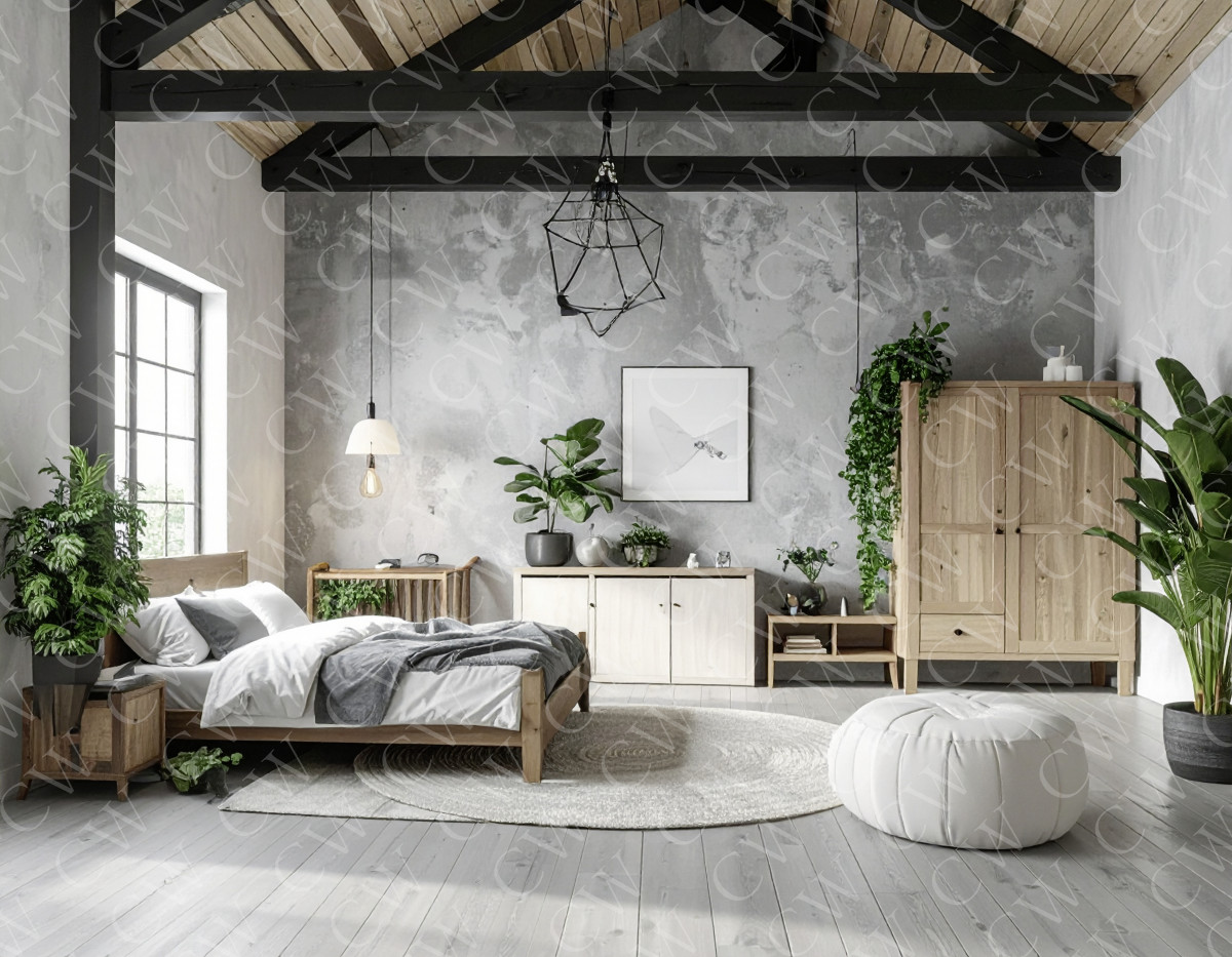 Helles Schlafzimmer mit Holzmöbeln, Pflanzen, großen Fenstern und gemütlicher Einrichtung