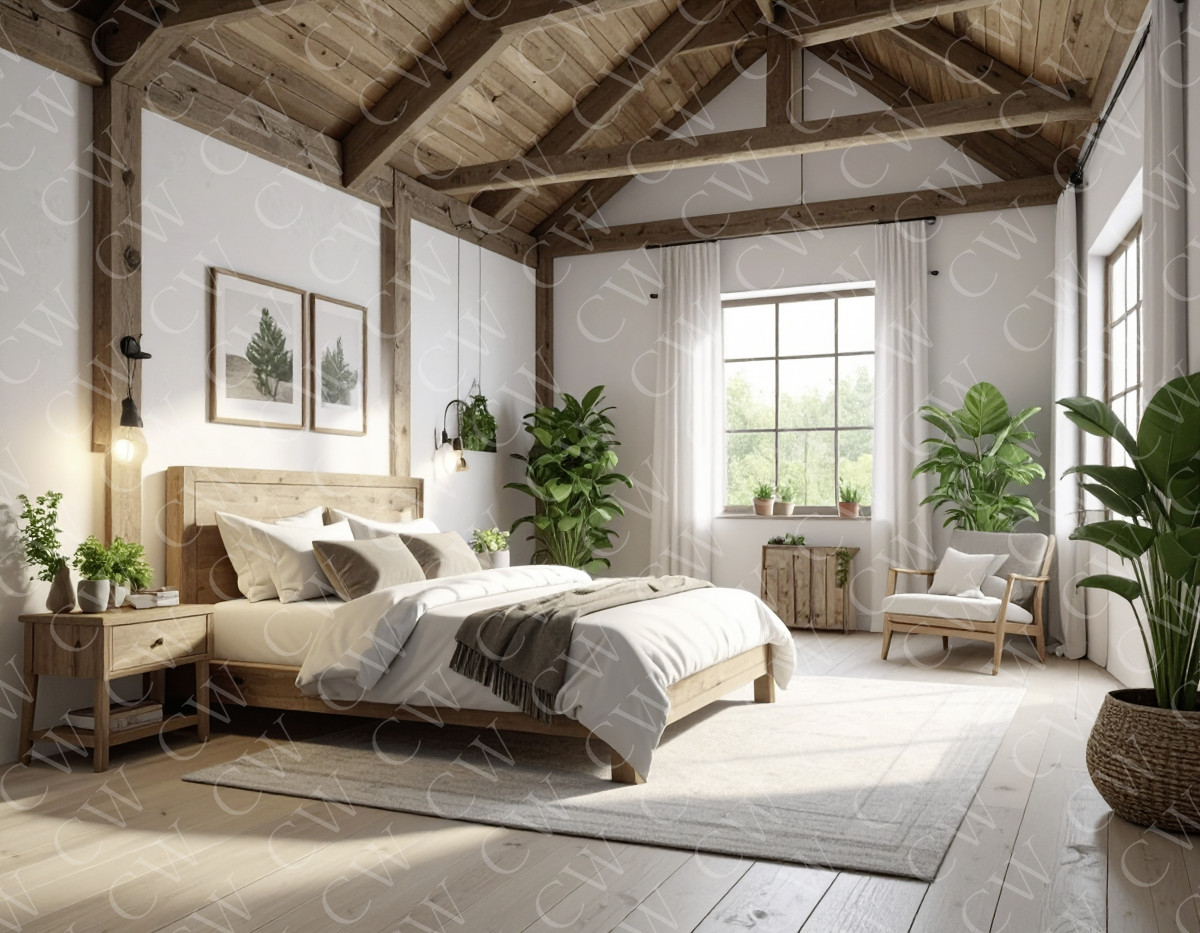 Helles Schlafzimmer mit Holzbalkendecke, großem Bett, Pflanzen und natürlichem Licht.