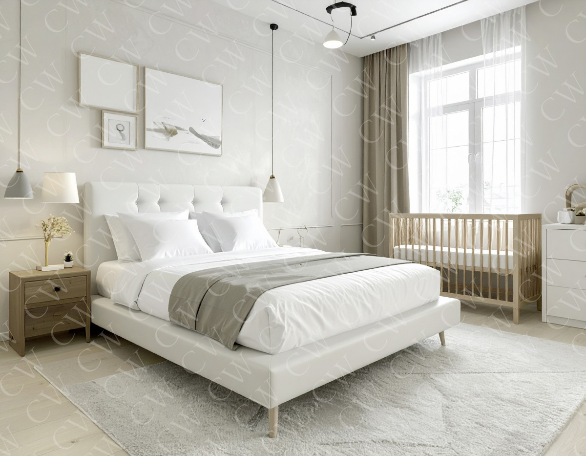 Helles Schlafzimmer mit Doppelbett, Nachttisch, Babybett und großen Fenstern.