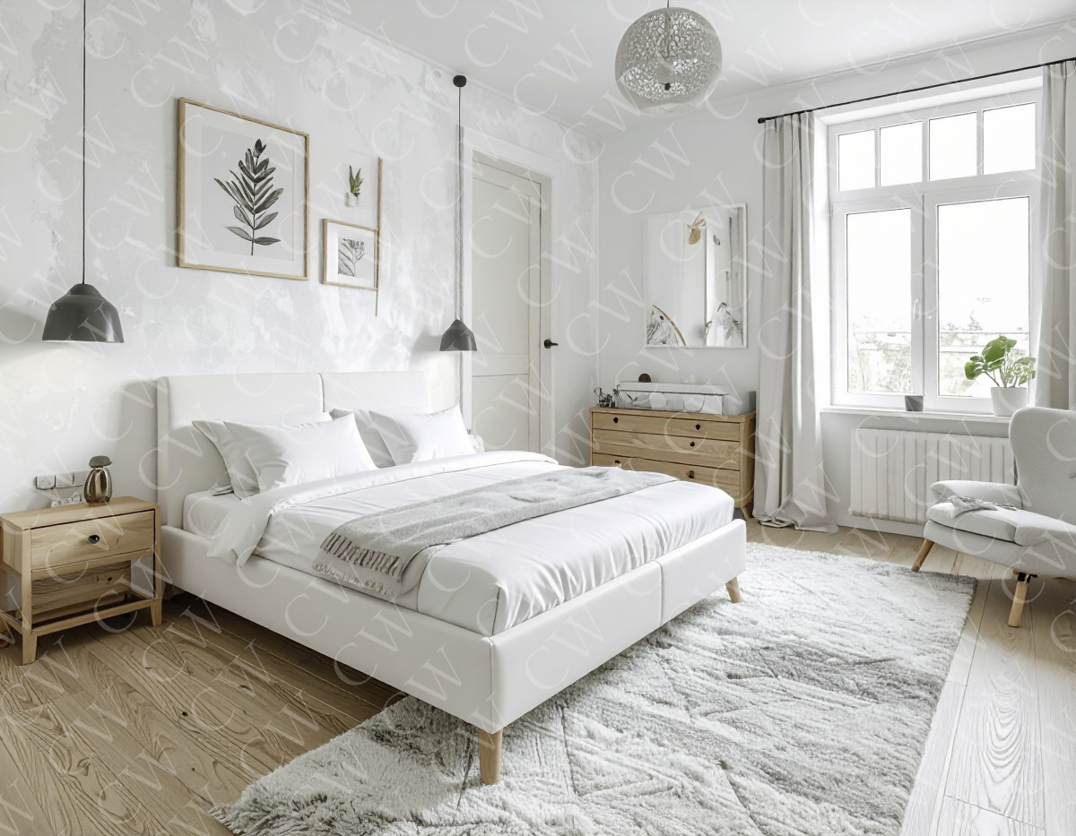 Modernes Schlafzimmer mit weißem Bett, Holzmöbeln und großen Fenstern im skandinavischen Stil.