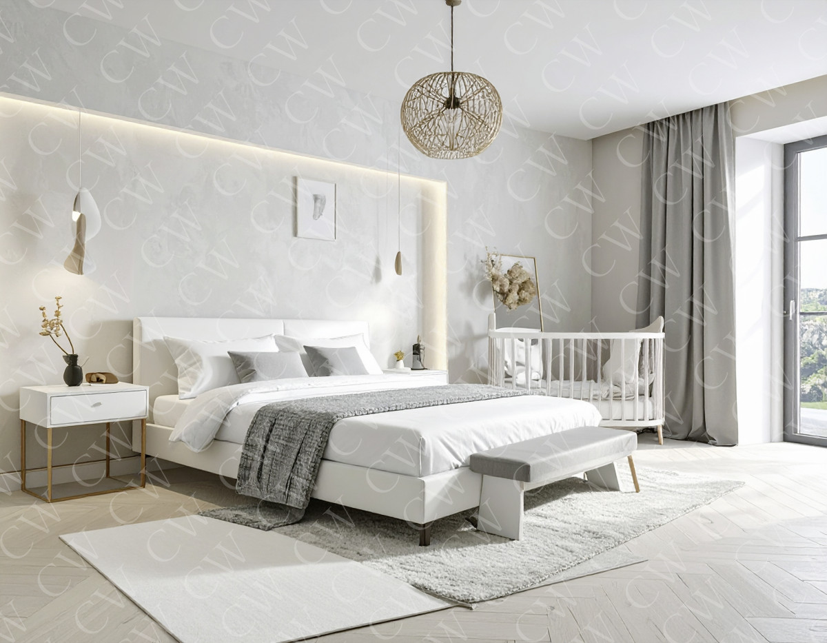 Helles, modernes Schlafzimmer mit Doppelbett, Babybett und großer Fensterfront.