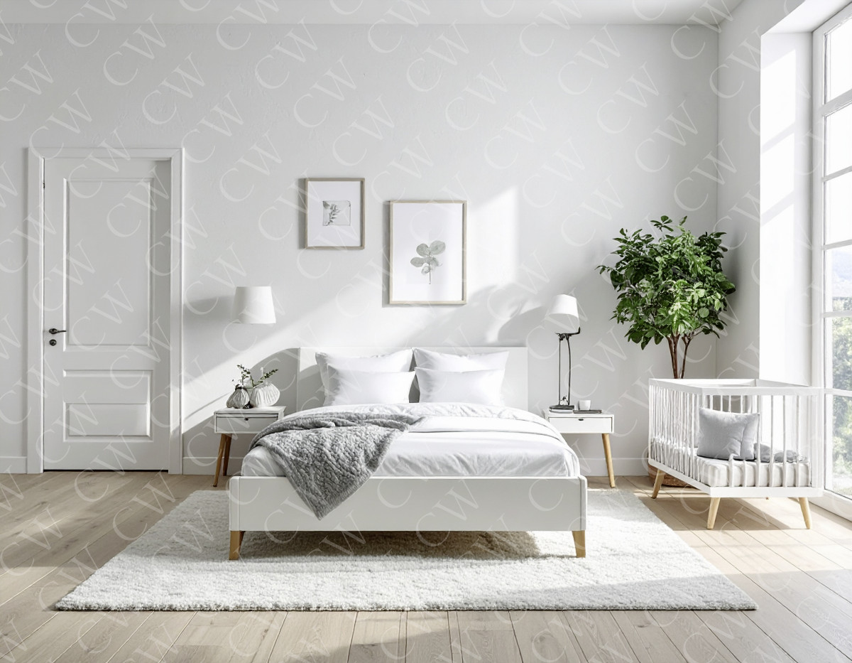 Modern eingerichtetes, helles Schlafzimmer mit Doppelbett, Babybett, Pflanze und großen Fenstern.