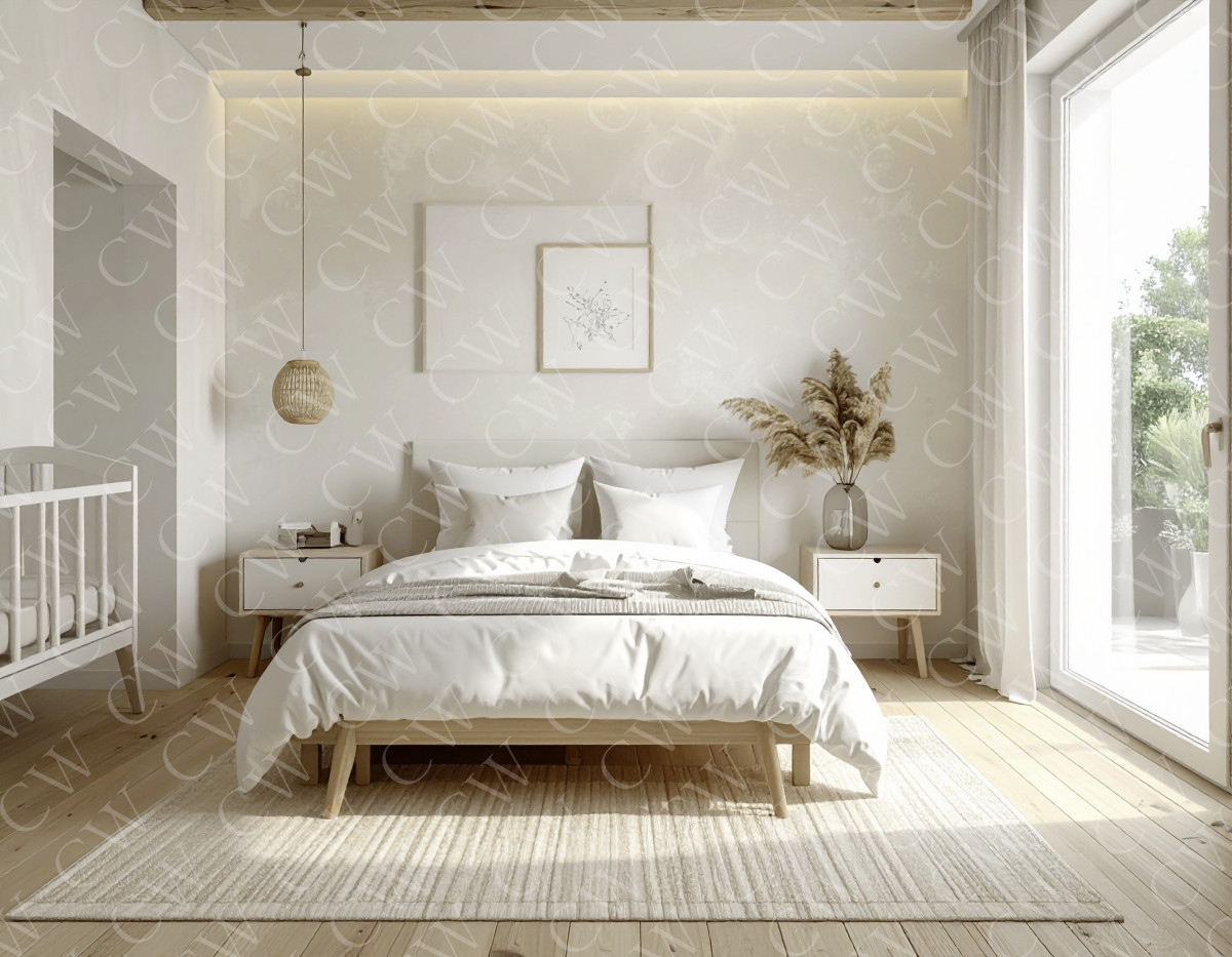 Helles Schlafzimmer mit Doppelbett, Babybett, Holzmöbeln und natürlicher Dekoration.