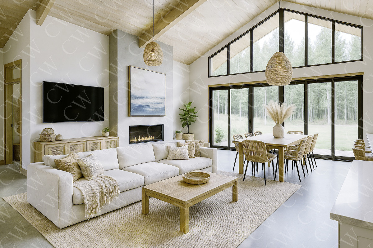 Helles Wohnzimmer mit großer Fensterfront, Sofa, Esstisch und Kamin im modernen Stil.