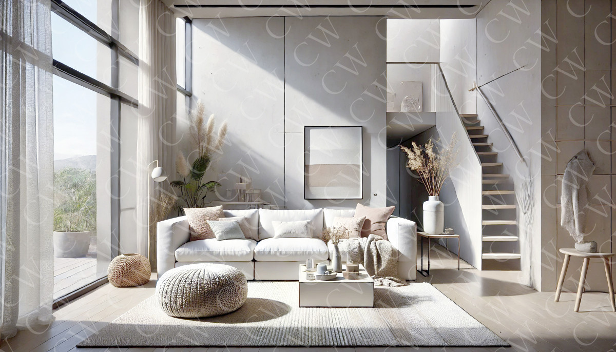 Helles Wohnzimmer mit großem Sofa, Poufs, Deko und Treppe im minimalistischen Stil.