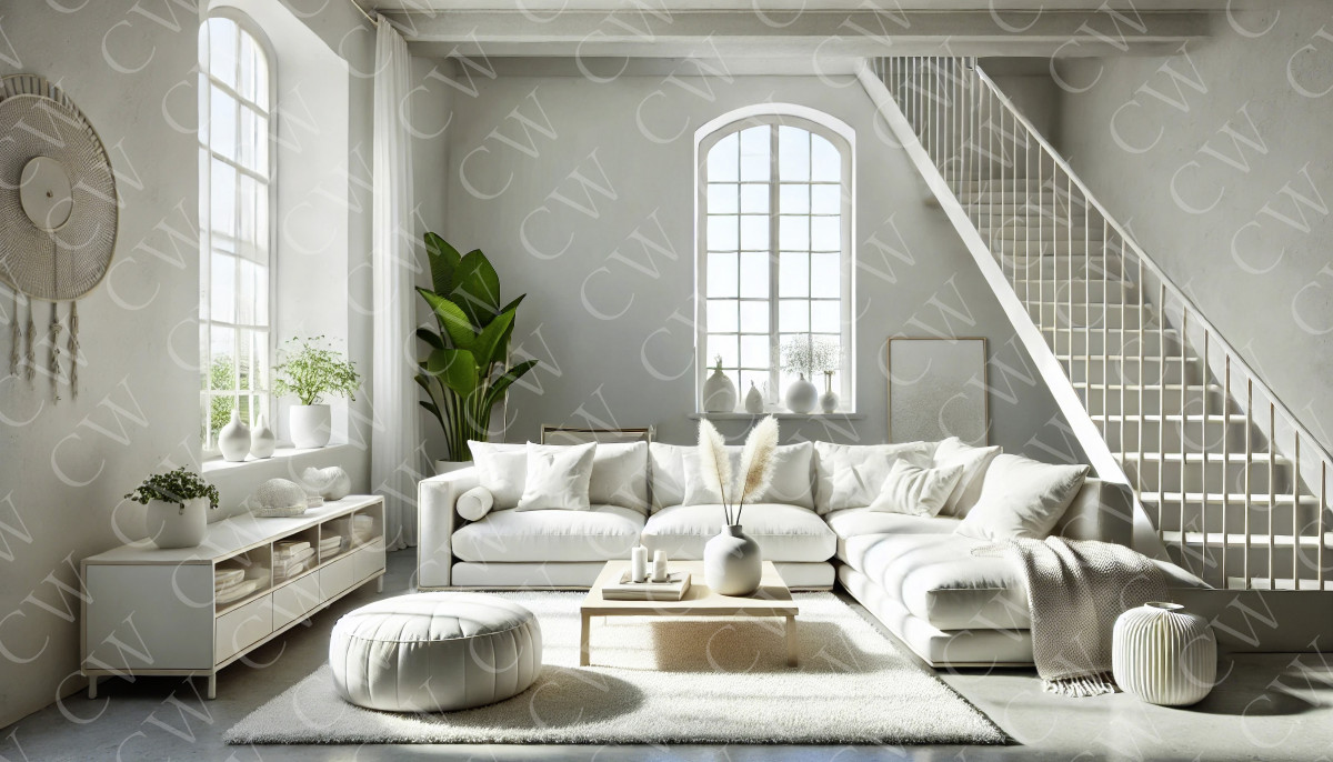 Helles Wohnzimmer mit weißem Sofa, großen Fenstern, Pflanzen und moderner Deko.