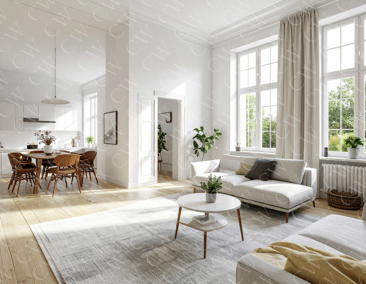 Helles Wohnzimmer mit großer Fensterfront, moderner Einrichtung und offener Küche.