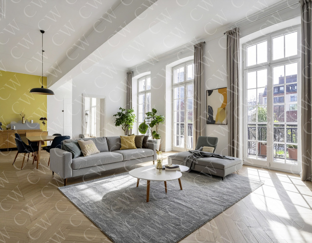 Helles Wohnzimmer mit grauem Sofa, großem Teppich und bodentiefen Fenstern.