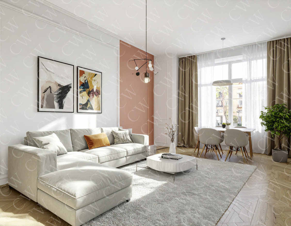 Modernes Wohnzimmer mit großem Sofa, Couchtisch, Essbereich und viel Tageslicht.