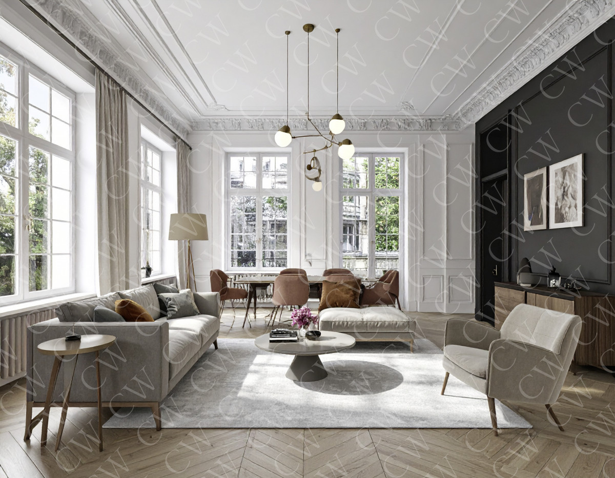 Modern eingerichtetes Wohnzimmer mit großen Fenstern, Holzfußboden und eleganter Möblierung.