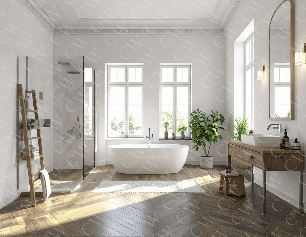 Modernes Badezimmer mit großen Fenstern, freistehender Badewanne, Holz-Akzenten und Zimmerpflanzen.