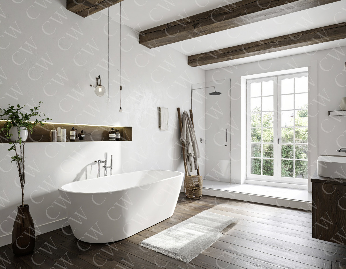 Helles, modernes Badezimmer mit freistehender Badewanne, Holzfußboden und großem Fenster.