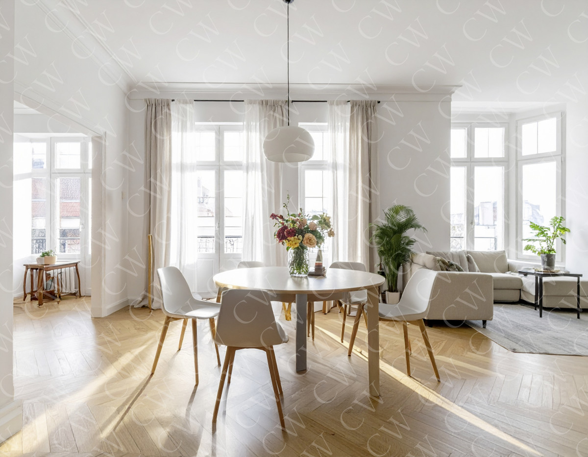 Helles Wohnzimmer mit rundem Esstisch, weißen Stühlen, Sofa und großen Fenstern.