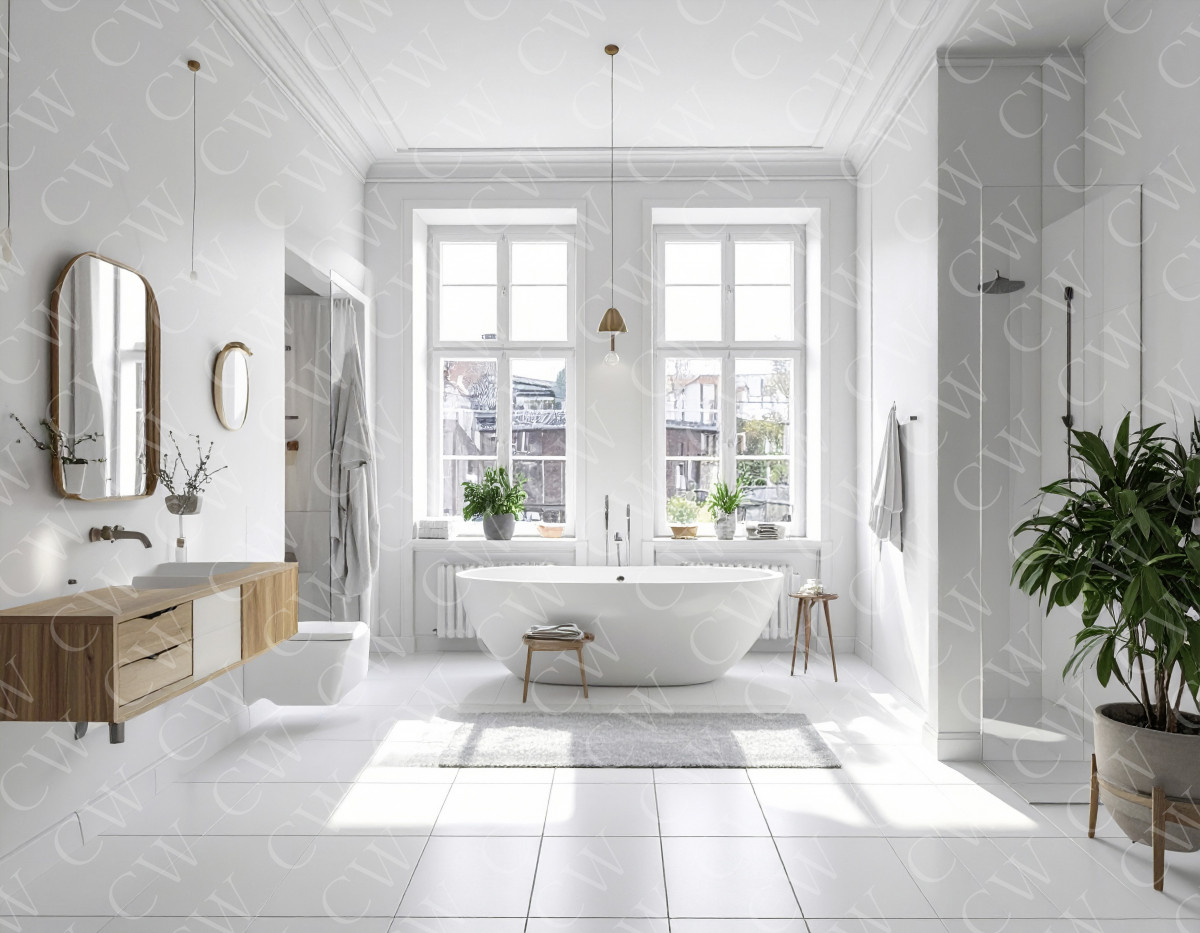 Helles Badezimmer mit freistehender Badewanne, großen Fenstern und Pflanzen.