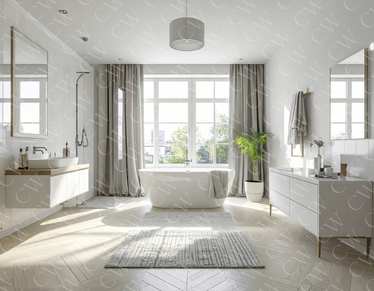 Großes, modernes Badezimmer mit freistehender Badewanne, hellen Fliesen und viel Tageslicht.