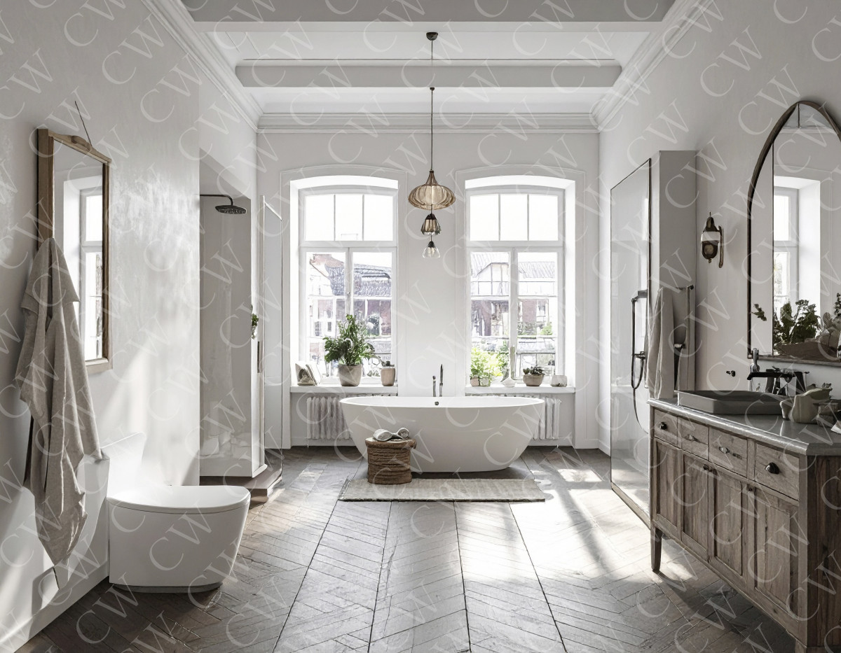 Helles, modernes Badezimmer mit freistehender Badewanne, Holzfußboden und großen Fenstern.