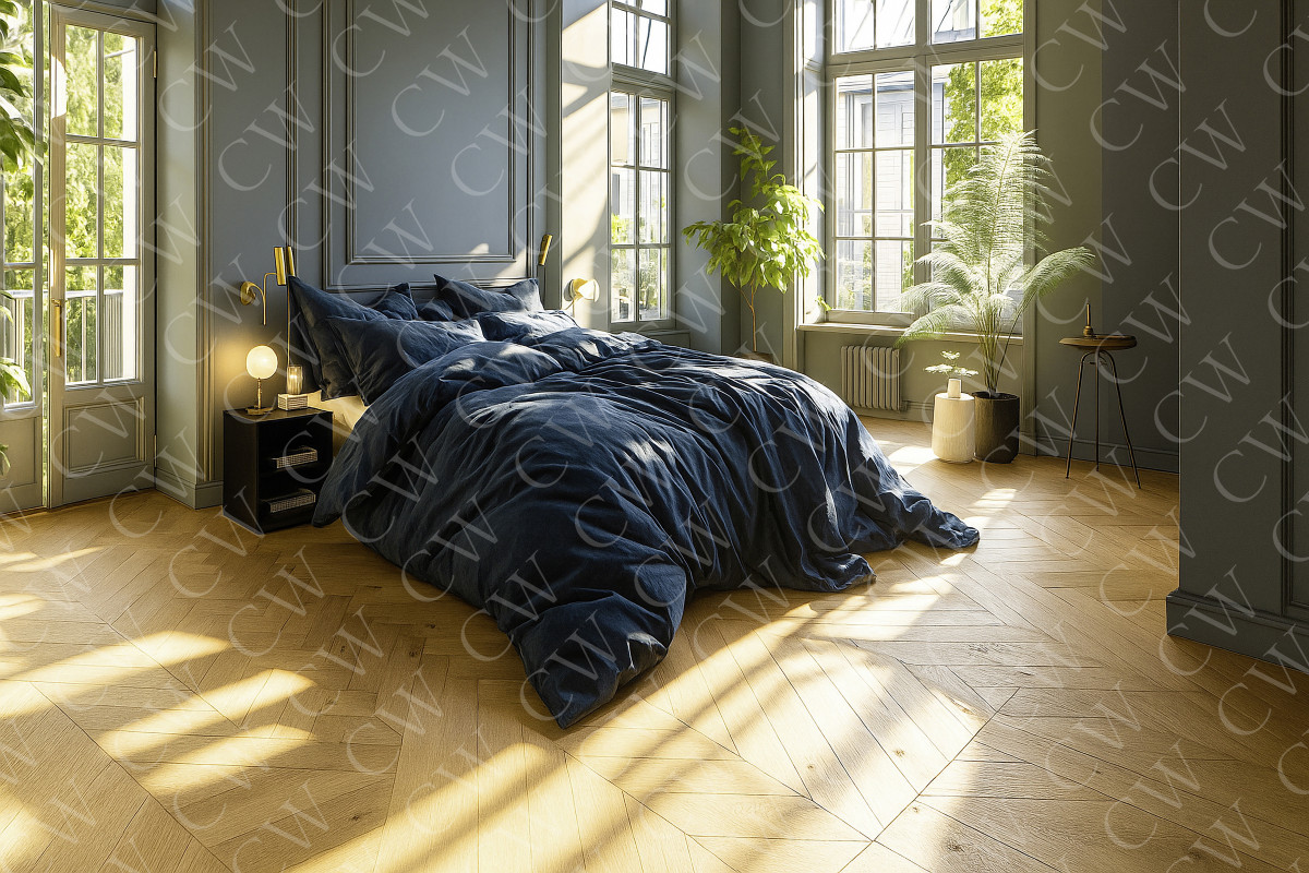 Helles Schlafzimmer mit blauem Bett, Holzboden und großen Fenstern mit Tageslicht