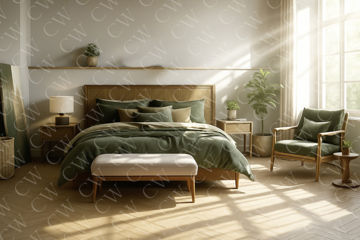 Helles, modernes Schlafzimmer mit grünem Bett, Holzmöbeln und natürlichem Lichteinfall