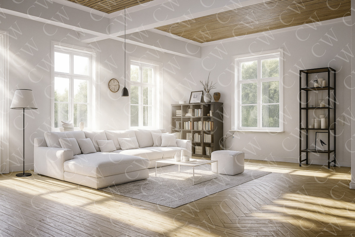 Helles, modernes Wohnzimmer mit großem Sofa, Bücherregal und bodentiefen Fenstern.