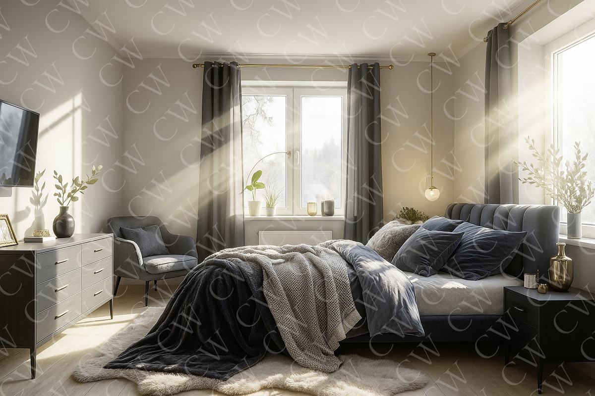 Helles, modern eingerichtetes Schlafzimmer mit großem Fenster, Doppelbett und stilvoller Dekoration.