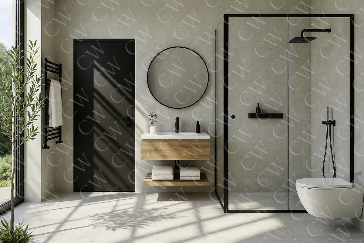 Modern eingerichtetes Badezimmer mit Glasdusche, schwarzem Rahmen, Holzwaschtisch, rundem Spiegel und Tageslicht.