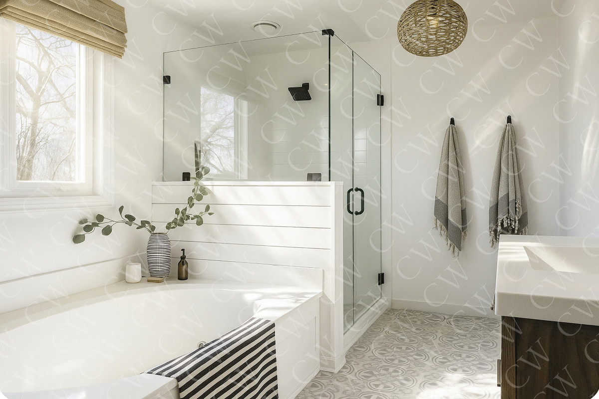 Helles Badezimmer mit großer Glasdusche, Badewanne und stilvollen Accessoires.