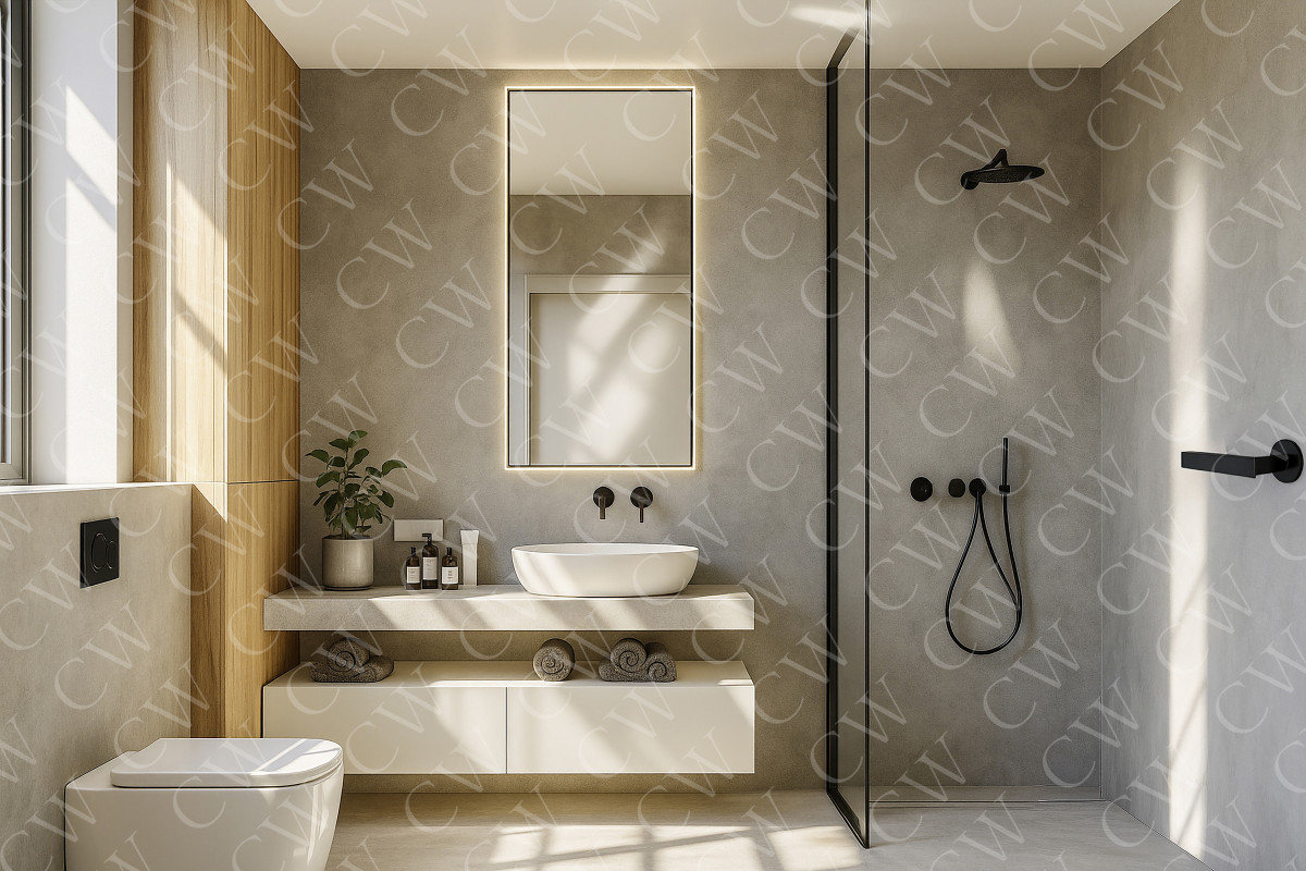 Helles, modernes Badezimmer mit begehbarer Dusche, Hängewaschtisch, Holzdetails und großem Spiegel.