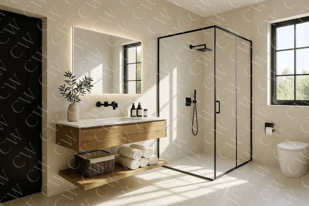 Helles, modernes Badezimmer mit Glasdusche, Holzwaschtisch und großem Spiegel.