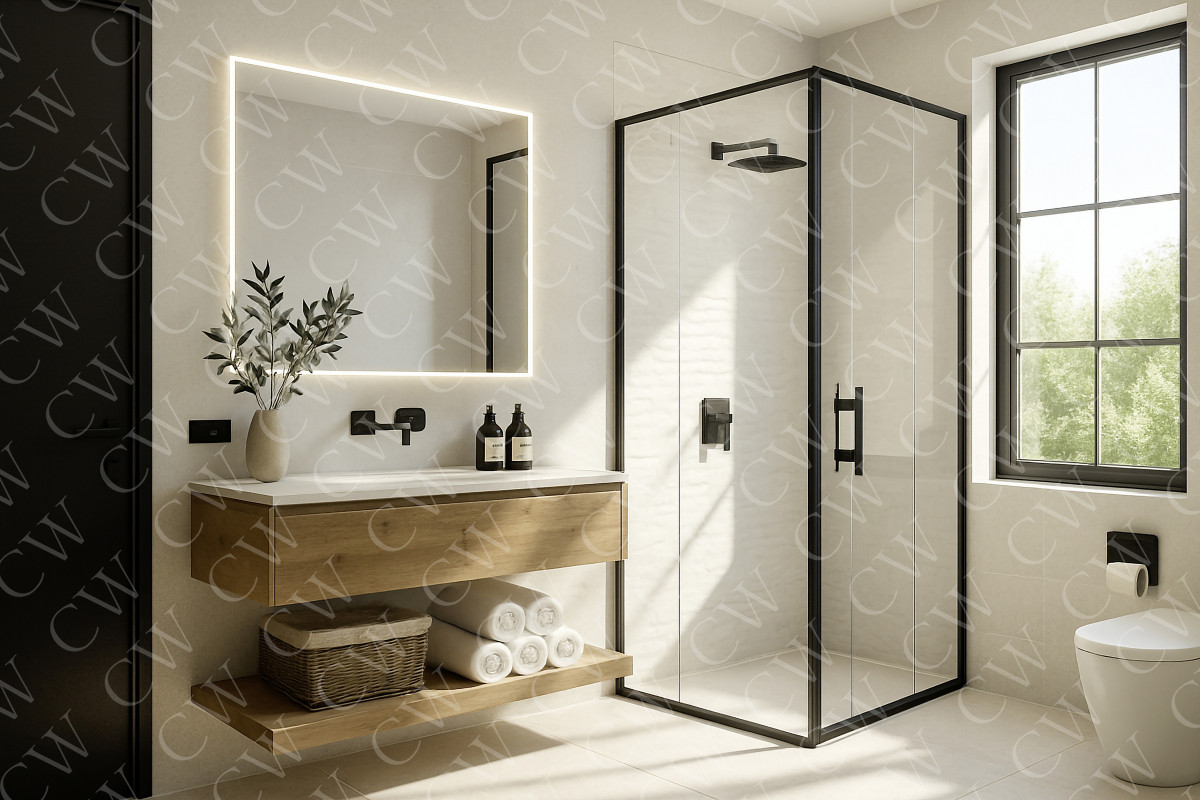 Helles, modernes Badezimmer mit beleuchtetem Spiegel, Glasdusche und Holzwaschtisch.