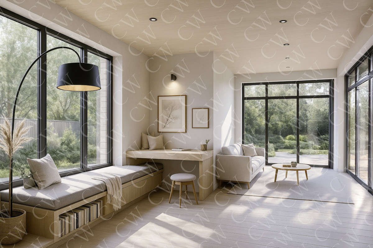 Helles Wohnzimmer mit großen Fensterfronten, gemütlicher Sitzecke und minimalistischer Dekoration