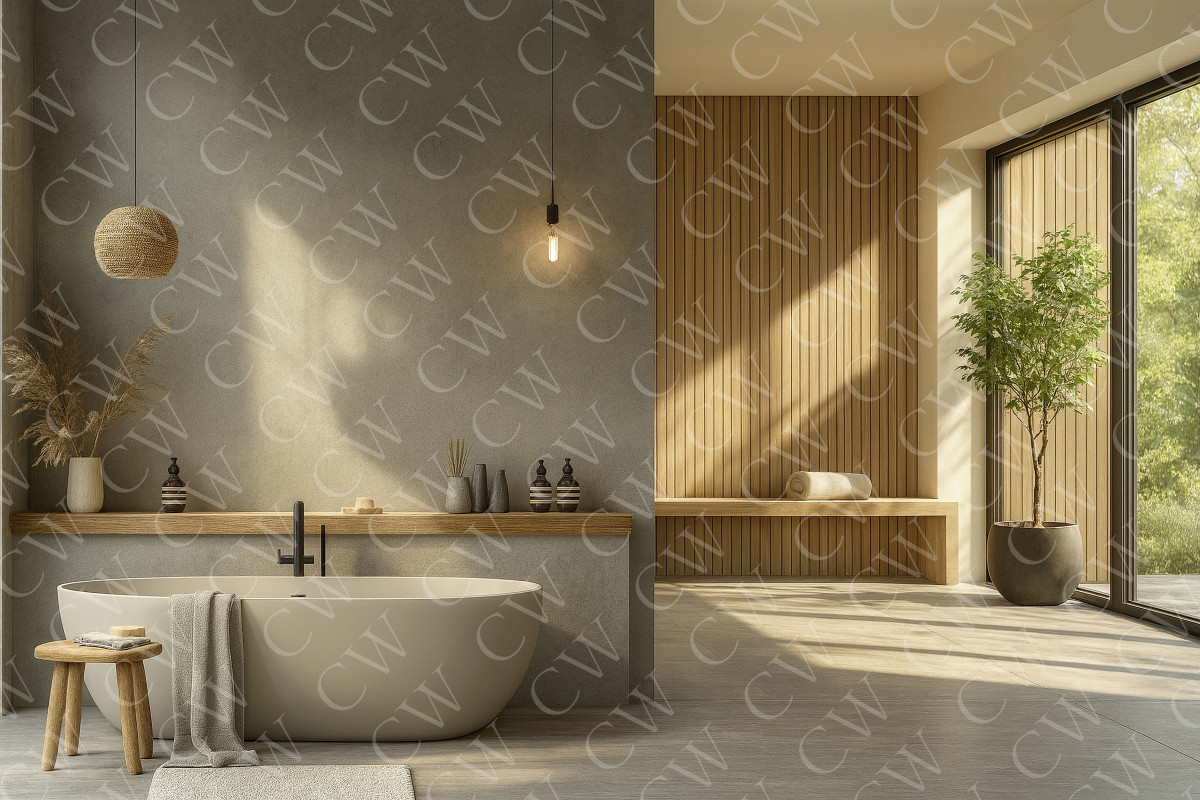 Modernes Badezimmer mit freistehender Badewanne, Holz-Elementen und großen Fenstern