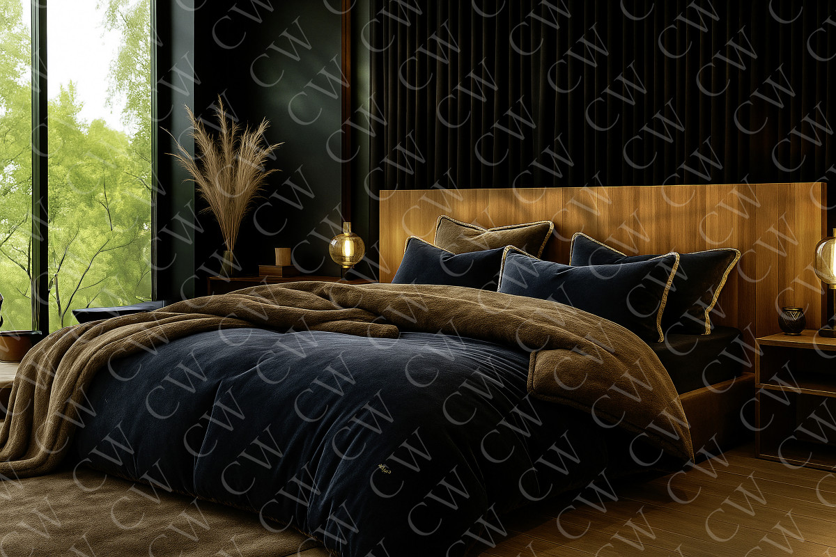 Gemütliches Doppelbett mit dunkelblauer und brauner Bettwäsche in modernem Schlafzimmer mit Holzdetails.