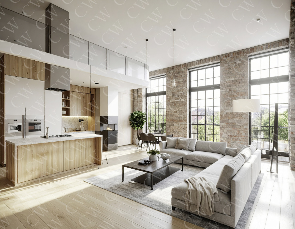 Modernes Loft mit offener Küche, gemütlicher Sitzecke und raumhohen Fenstern im Industriestil.