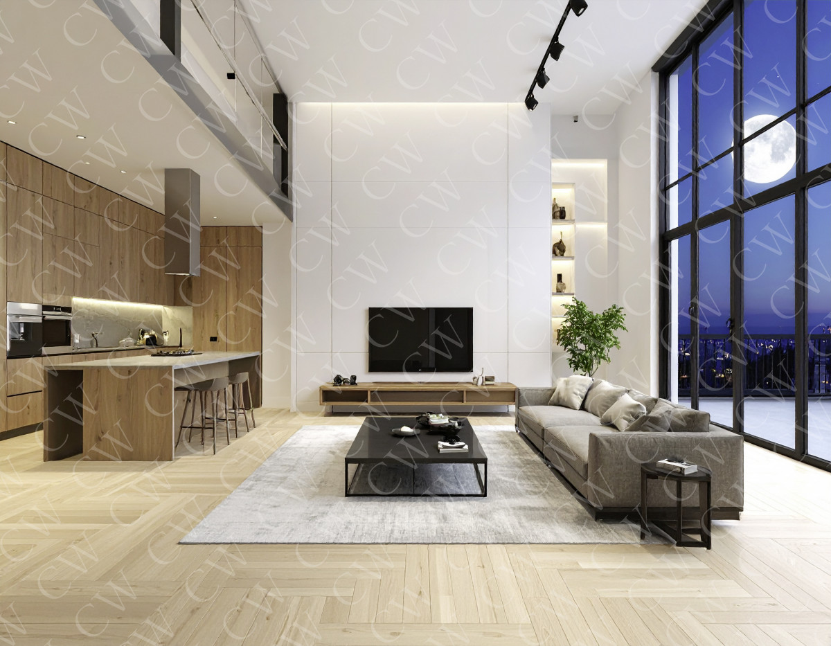 Helles Loft mit moderner Küche, großem Wohnzimmer, bodentiefen Fenstern und Ausblick bei Nacht.