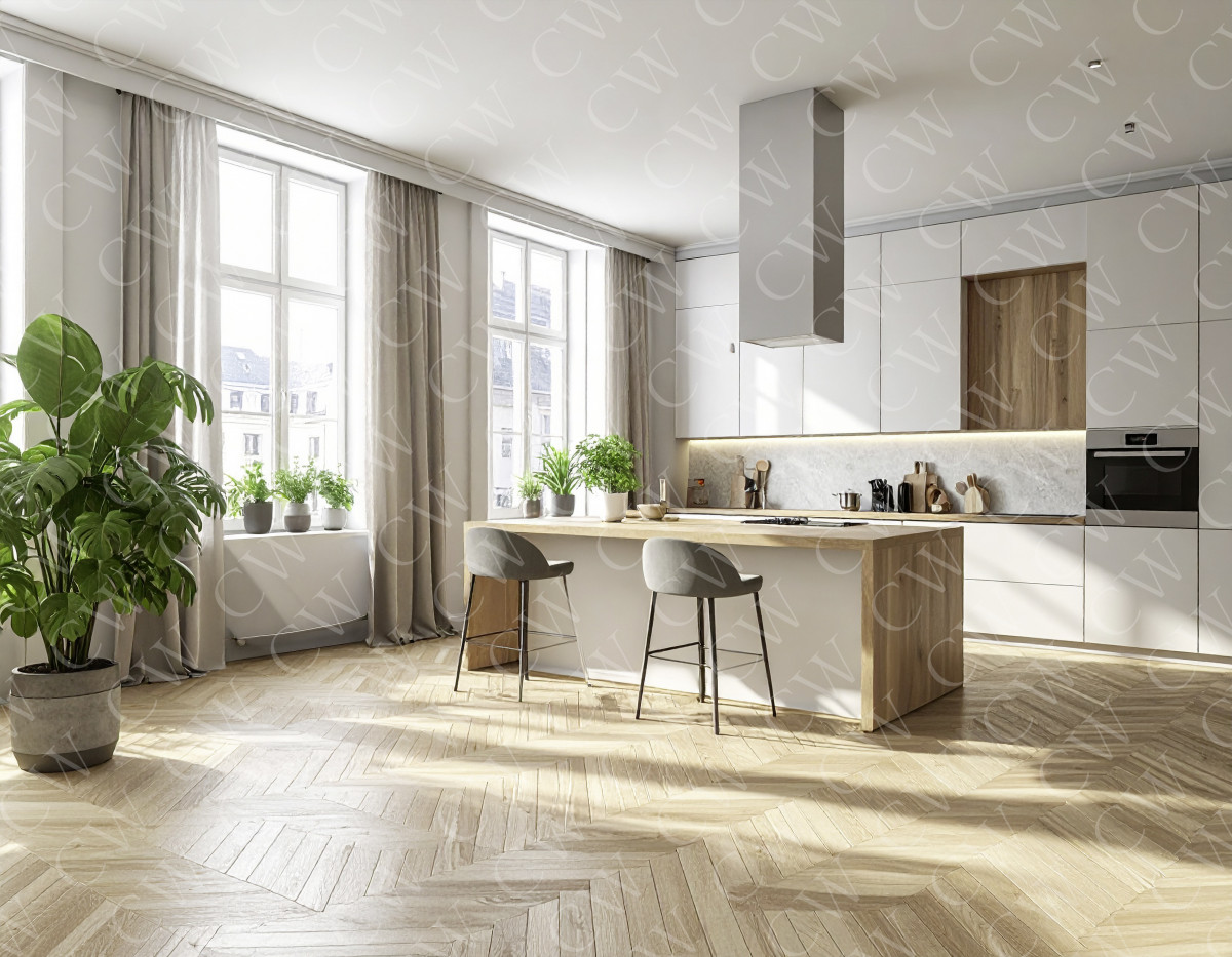 Helle, moderne Küche mit Kücheninsel, großen Fenstern und vielen Zimmerpflanzen.