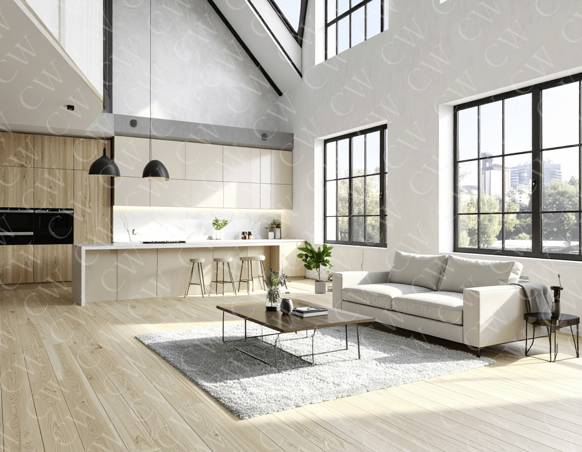 Helles Loft mit moderner Küche, großem Sofa, Holzboden und hohen Fenstern