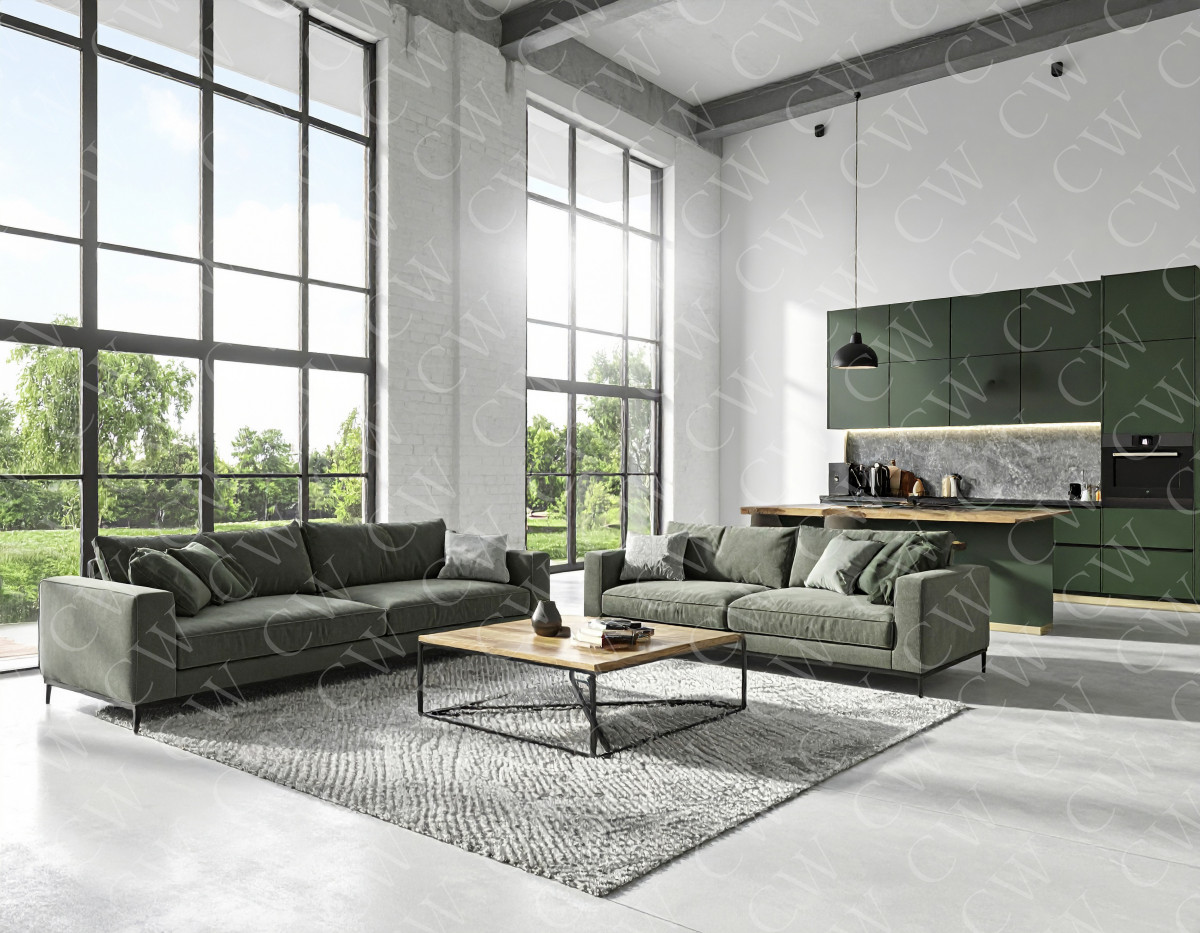 Helles Loft-Wohnzimmer mit grüner Couch, Teppich, Couchtisch und moderner Einbauküche