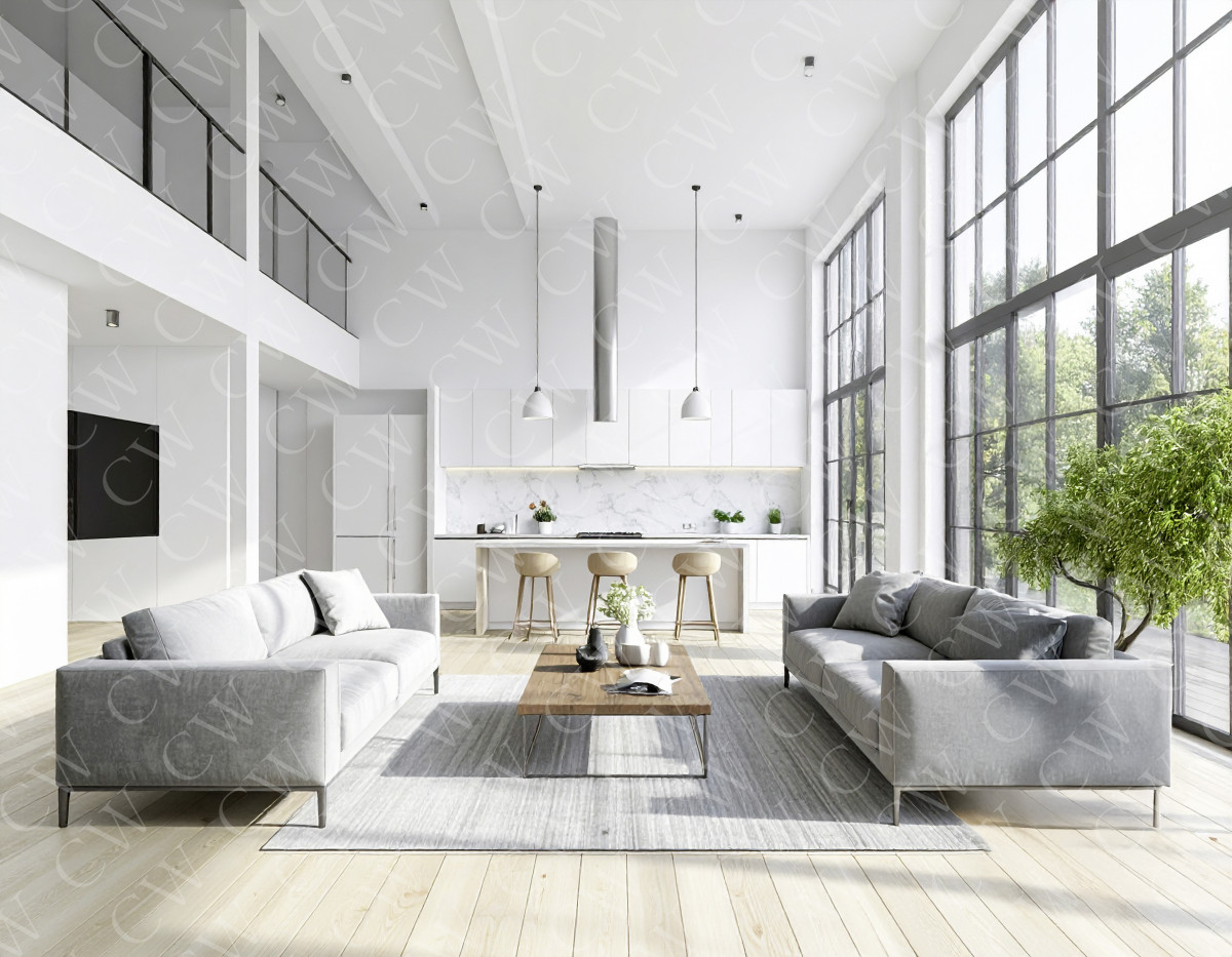 Helles Loft-Wohnzimmer mit moderner Einrichtung, großen Fenstern und offener Küche.