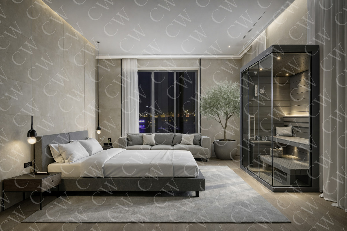 Modern eingerichtetes Schlafzimmer mit Doppelbett, Sofa, Sauna und Fenster mit Ausblick bei Nacht.