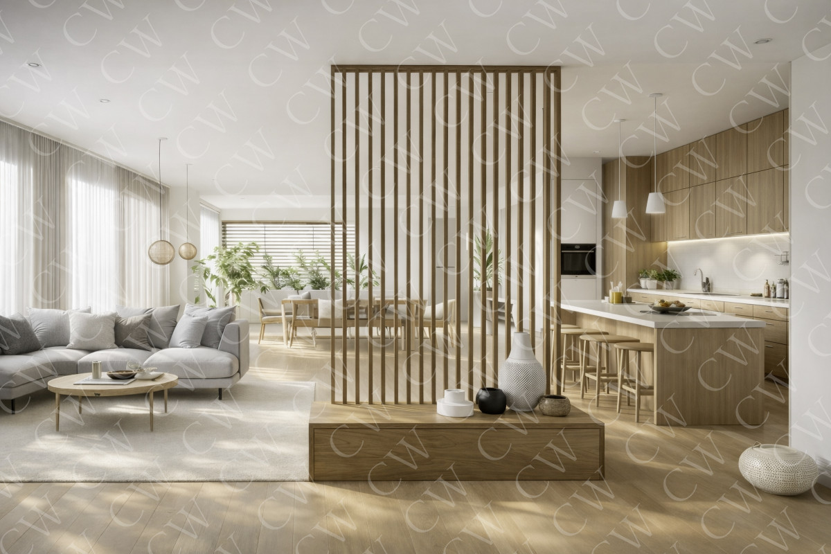 Helles, modernes Wohnzimmer mit offener Küche, Holzboden und minimalistischem Design.