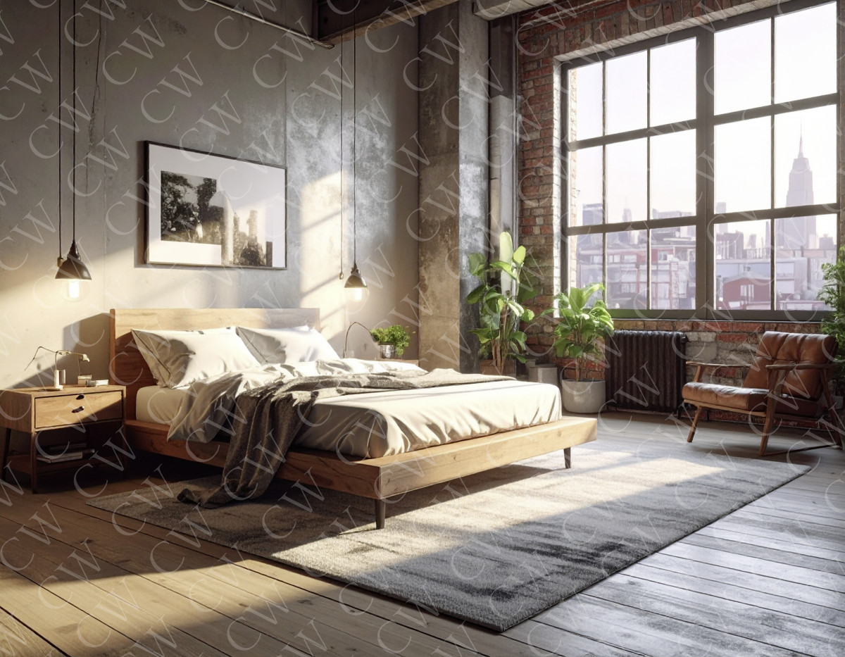 Modern eingerichtetes Schlafzimmer mit Holzbett, Lederstuhl und großen Loft-Fenstern.