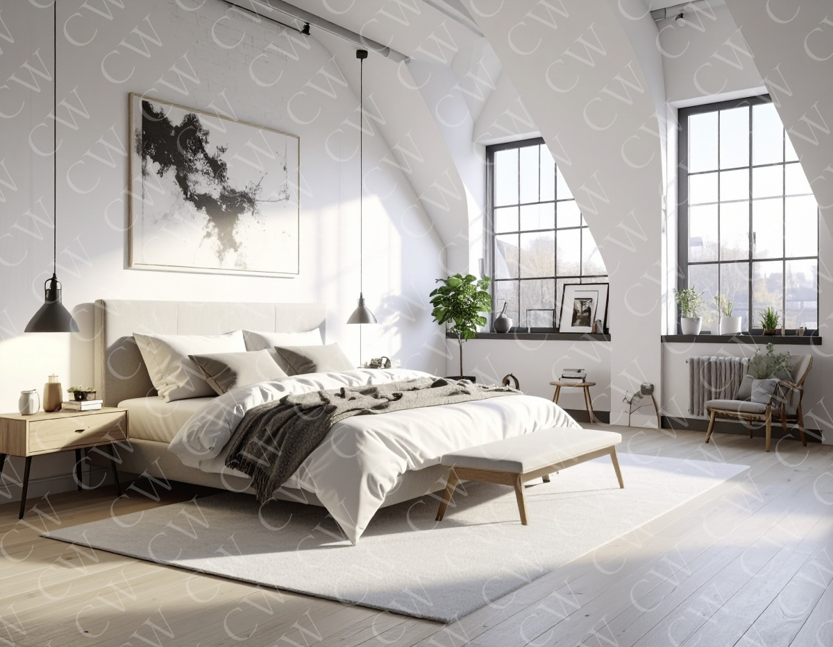 Helles Schlafzimmer mit großen Fenstern, Doppelbett, Pflanzen und moderner Einrichtung.