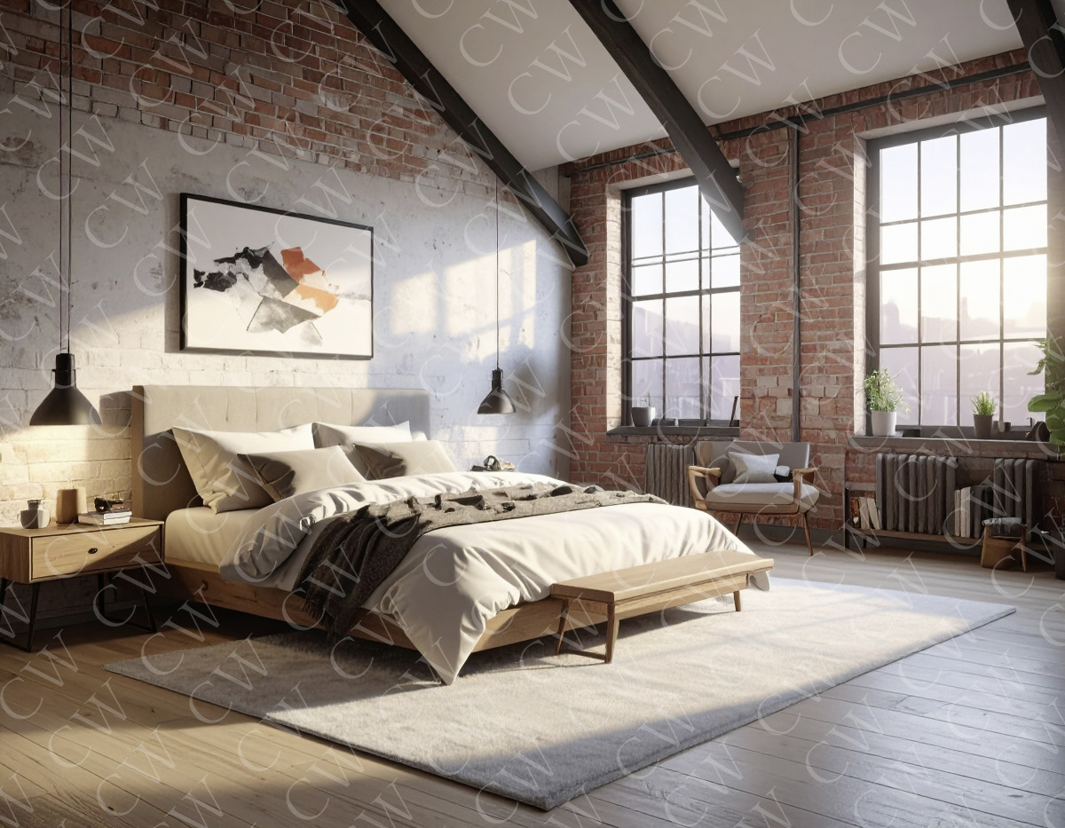 Helles Schlafzimmer mit Backsteinwand, großem Bett und großen Fenstern im Industrial-Stil.